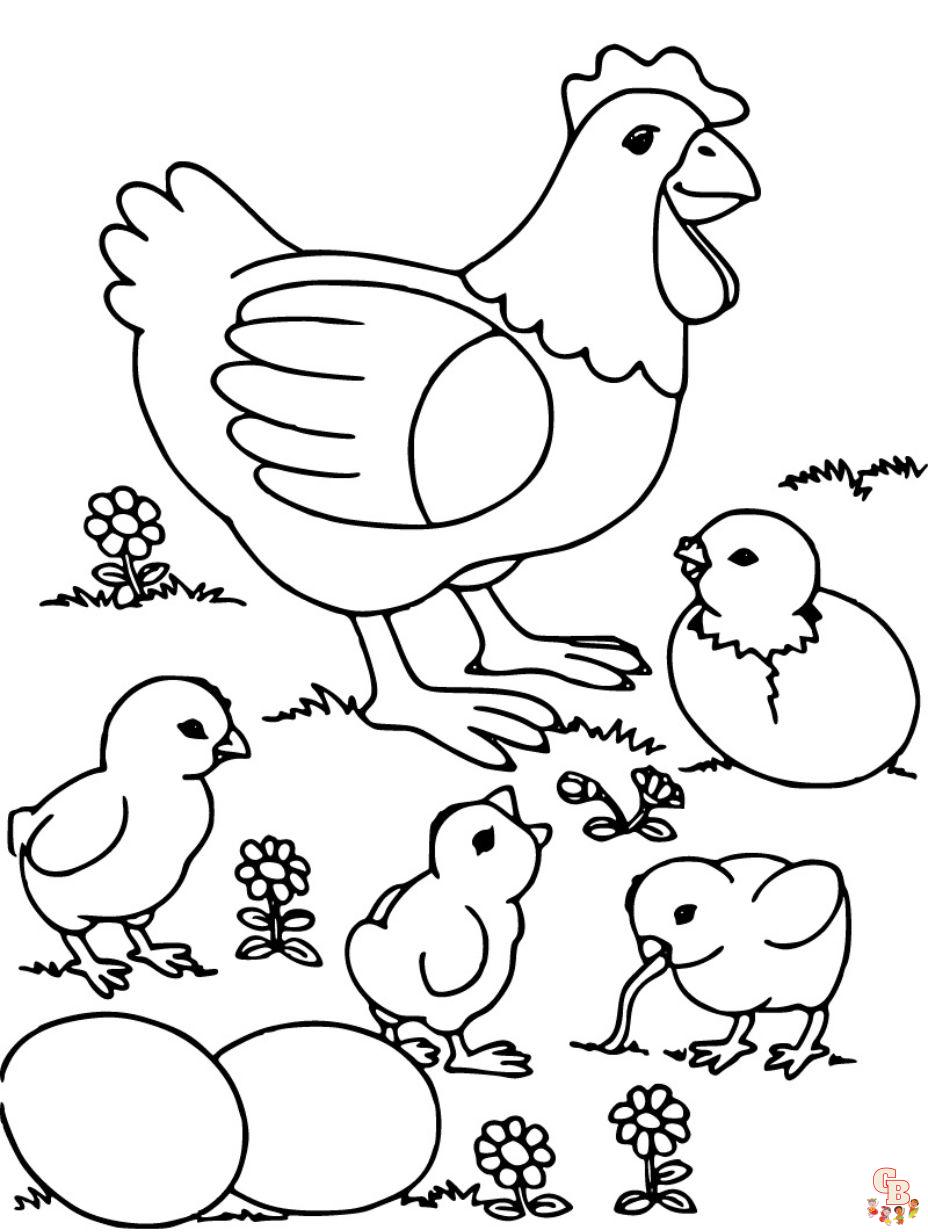 Ilustração de colorir para crianças com desenho de galinha fofo