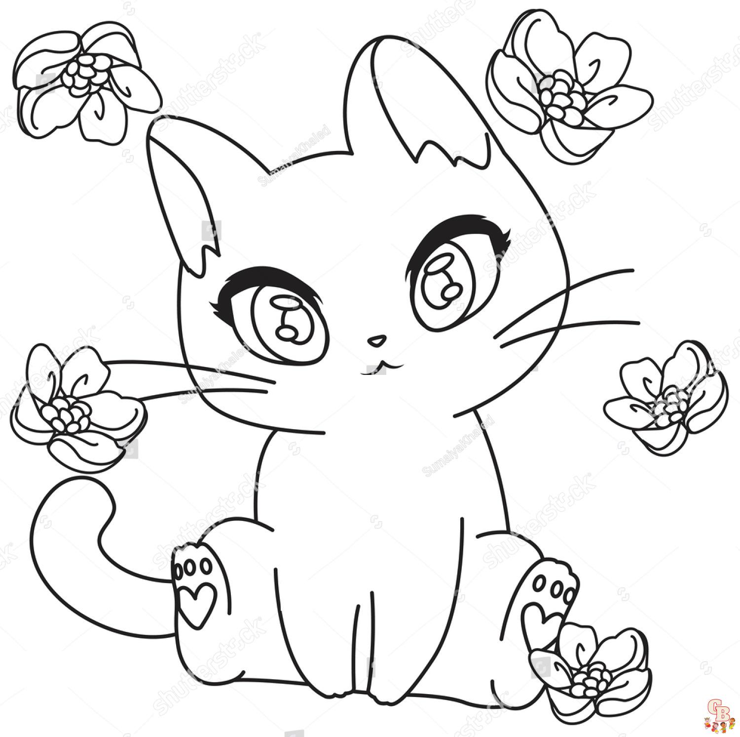Anime girl play with kitten coloring Royalty Free Vector