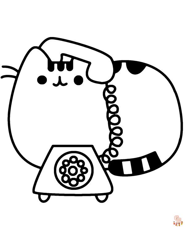 Pusheen En El Teléfono Para Colorear 1