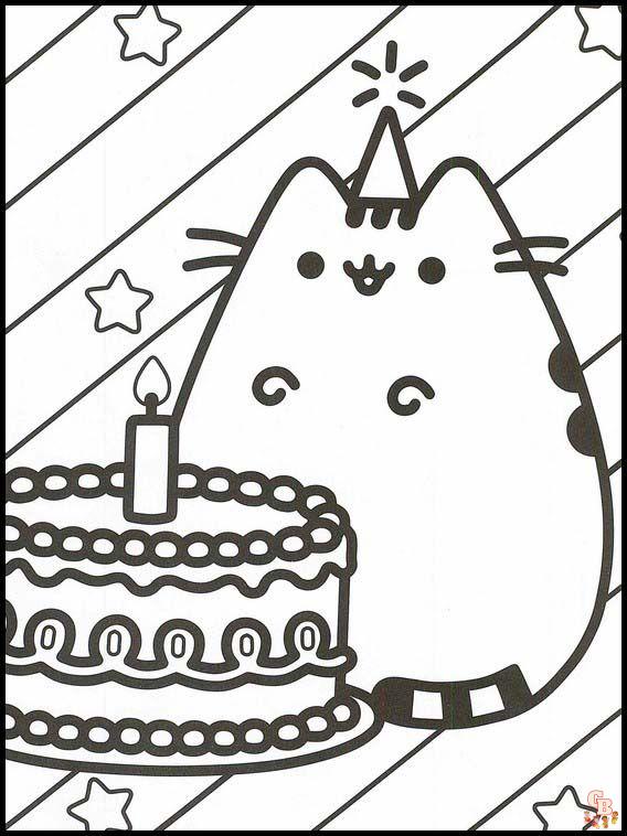 Pusheen With Birthday Cake Coloring Pages 1
