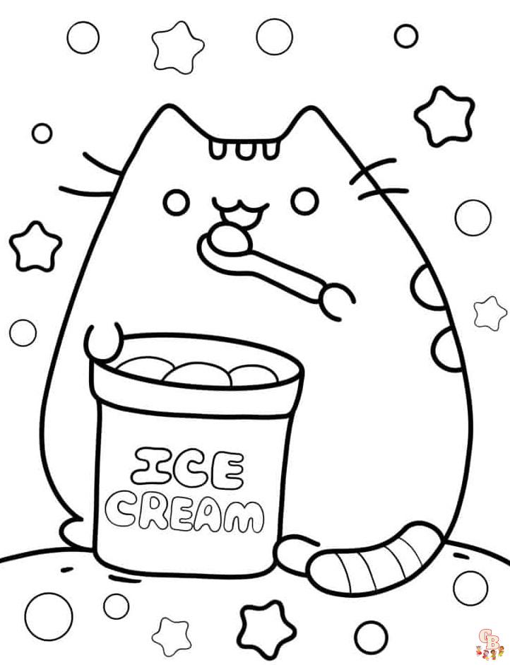 Happiness with Pusheen With Ice Cream Coloring Pages for Kids