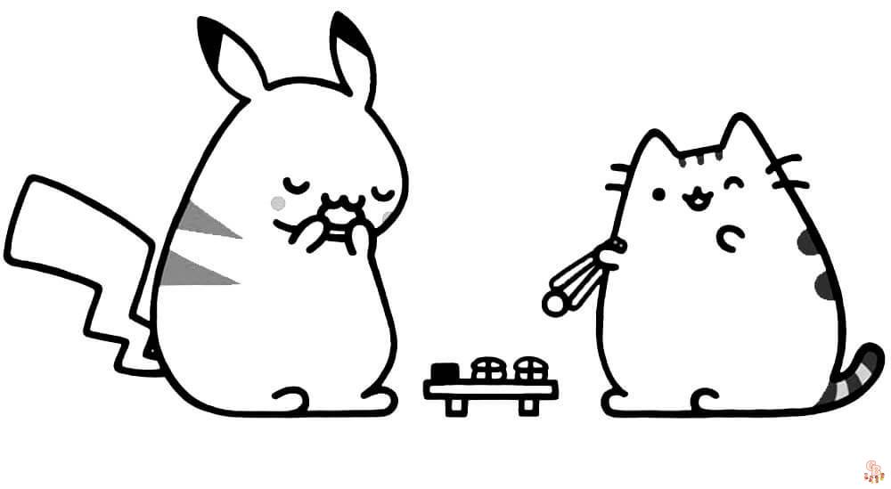 Dibujos para colorear Pusheen y Pikachu 1