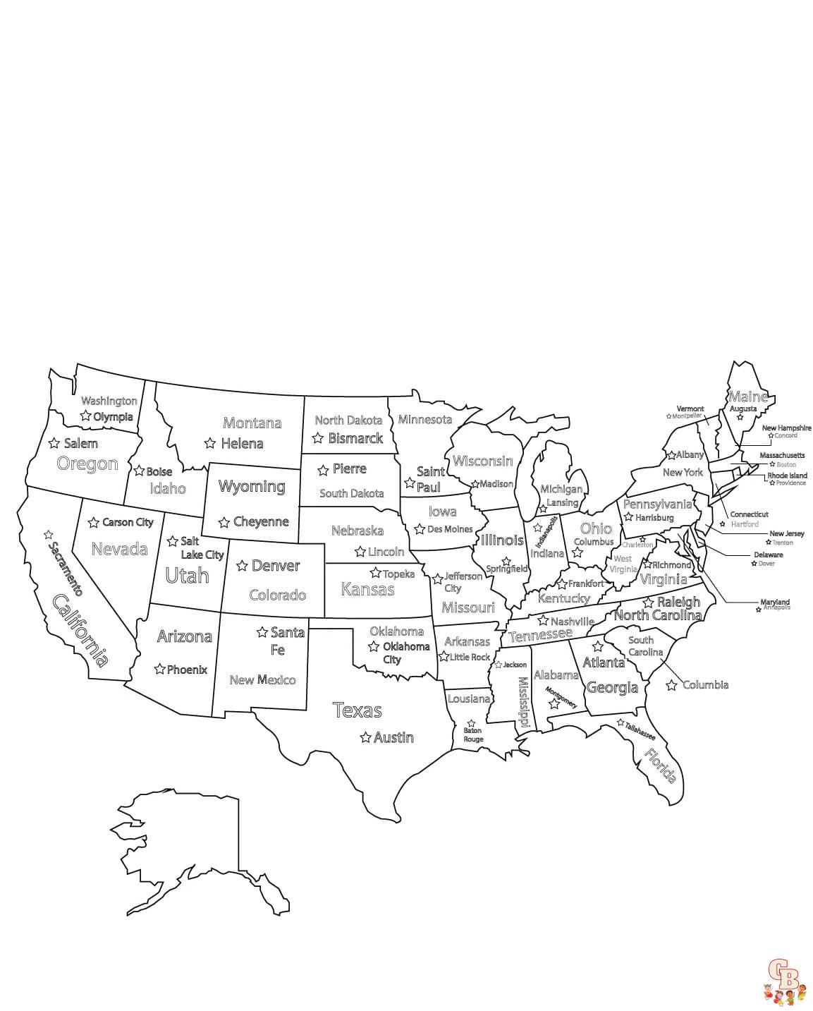 Free US map coloring pages for kids
