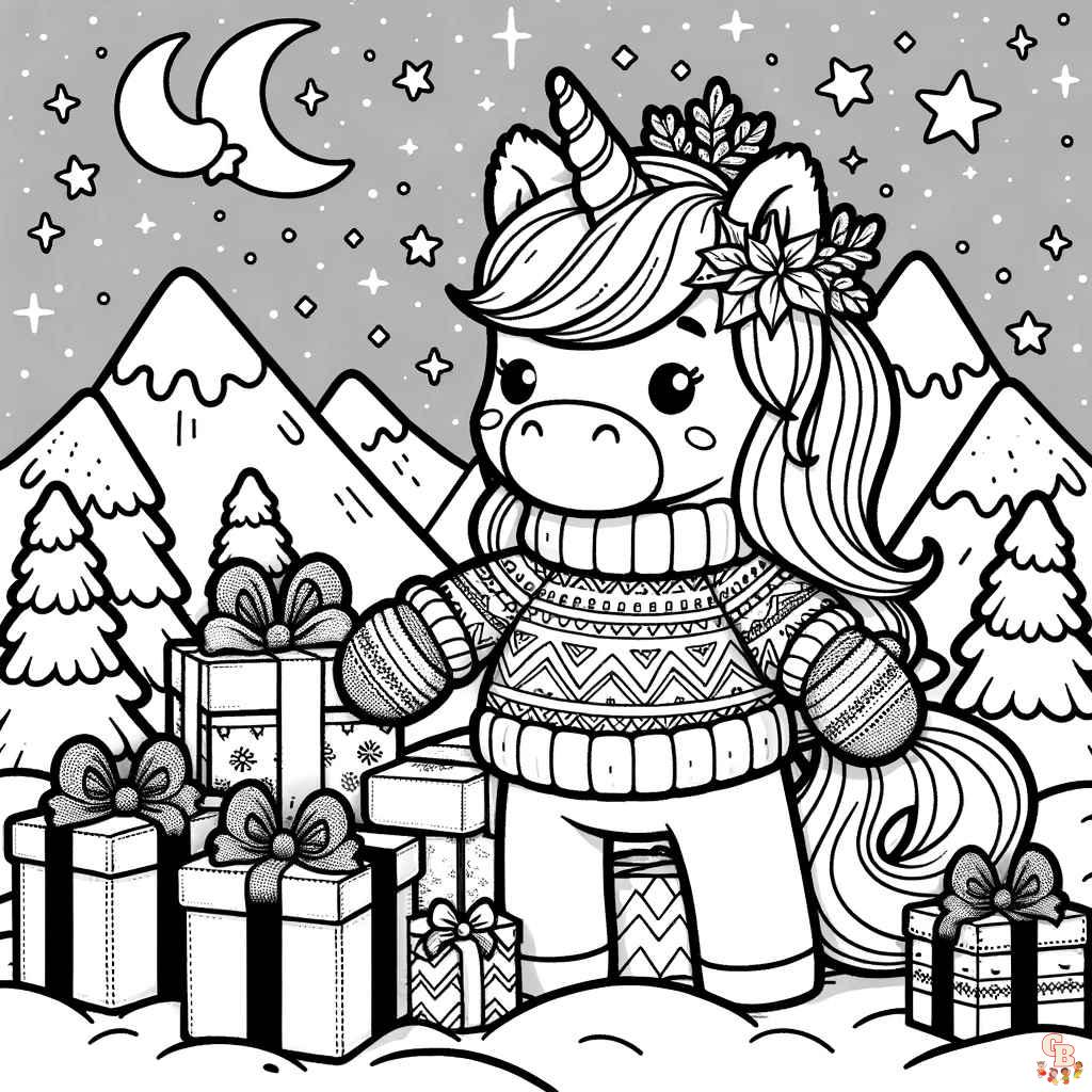christmas unicorn coloring page