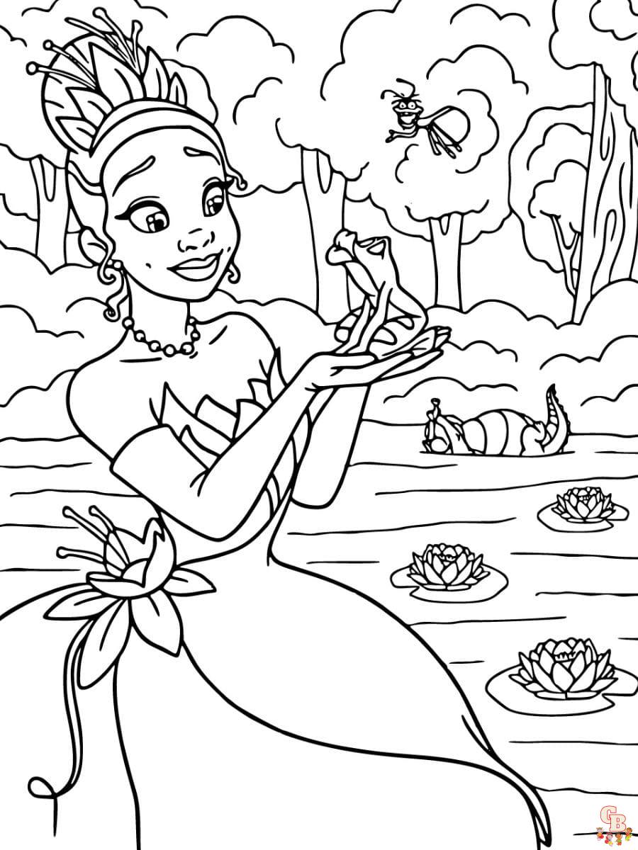 princesa tiana y rana dibujos para colorear