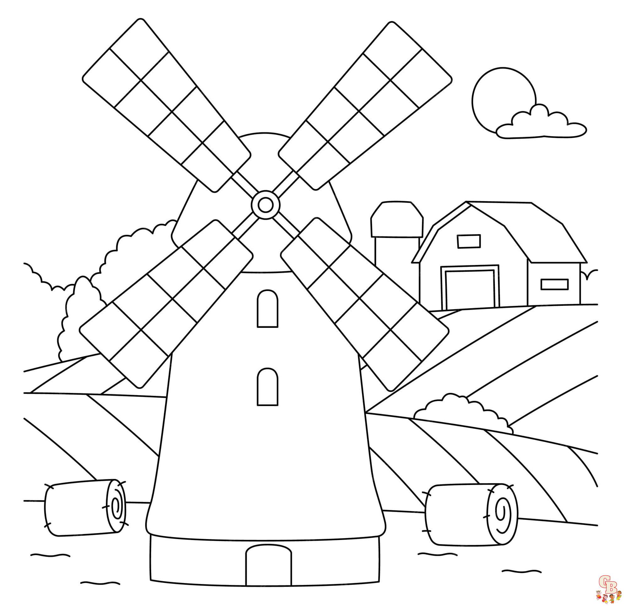 Free Windmill coloring pages for kids