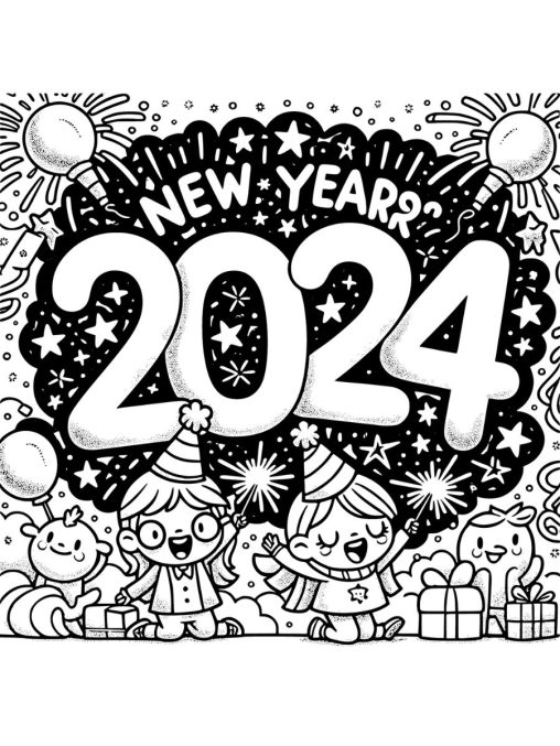 Printable New Years coloring pages 2024 Free for Kids And Adults