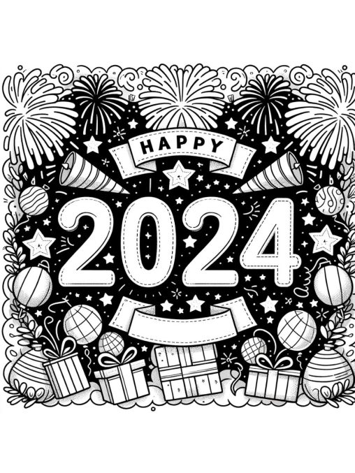 Printable New Years coloring pages 2024 Free for Kids And Adults