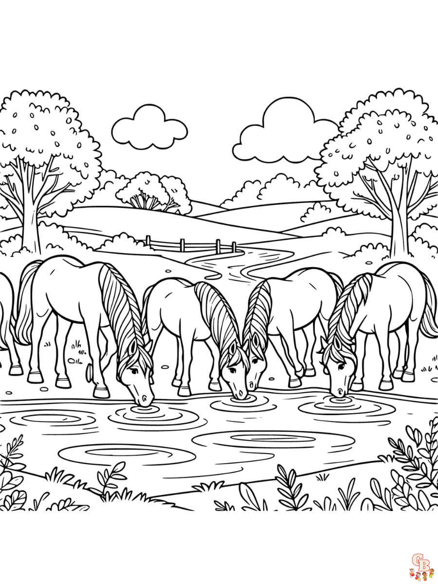 Printable herd of horses coloring pages