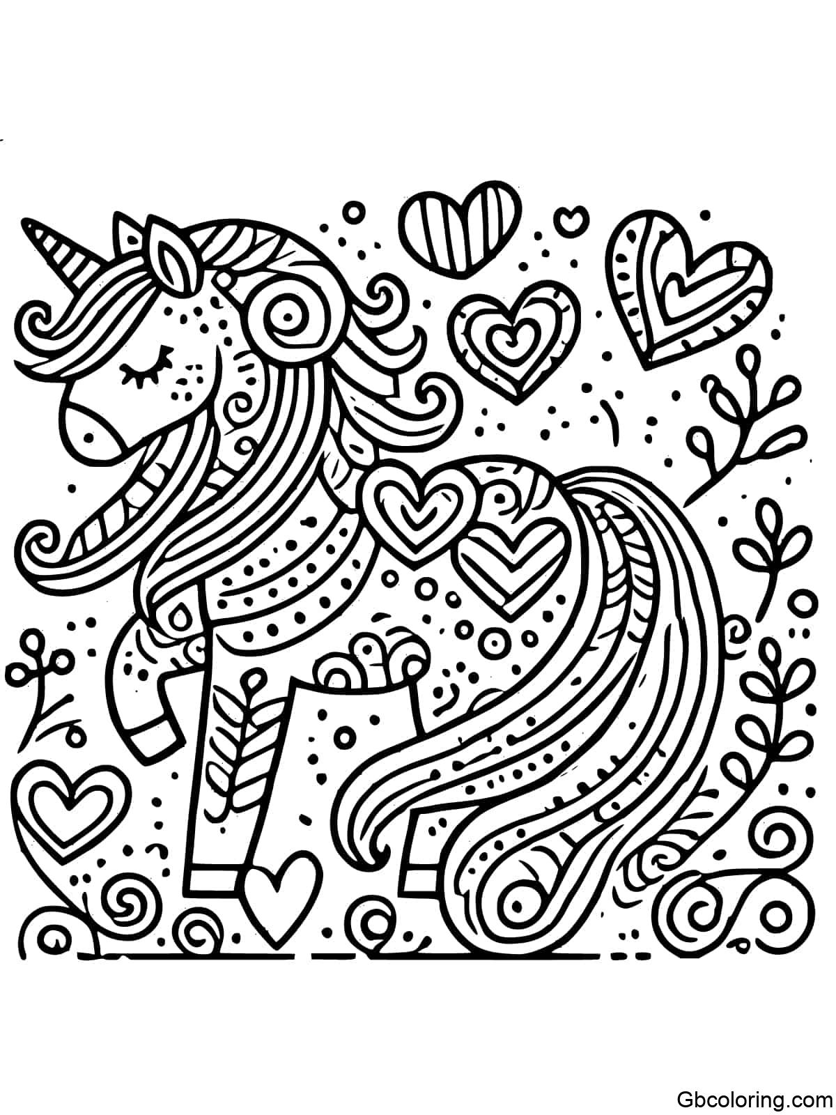 Abstract unicorn with heart shapes for coloring