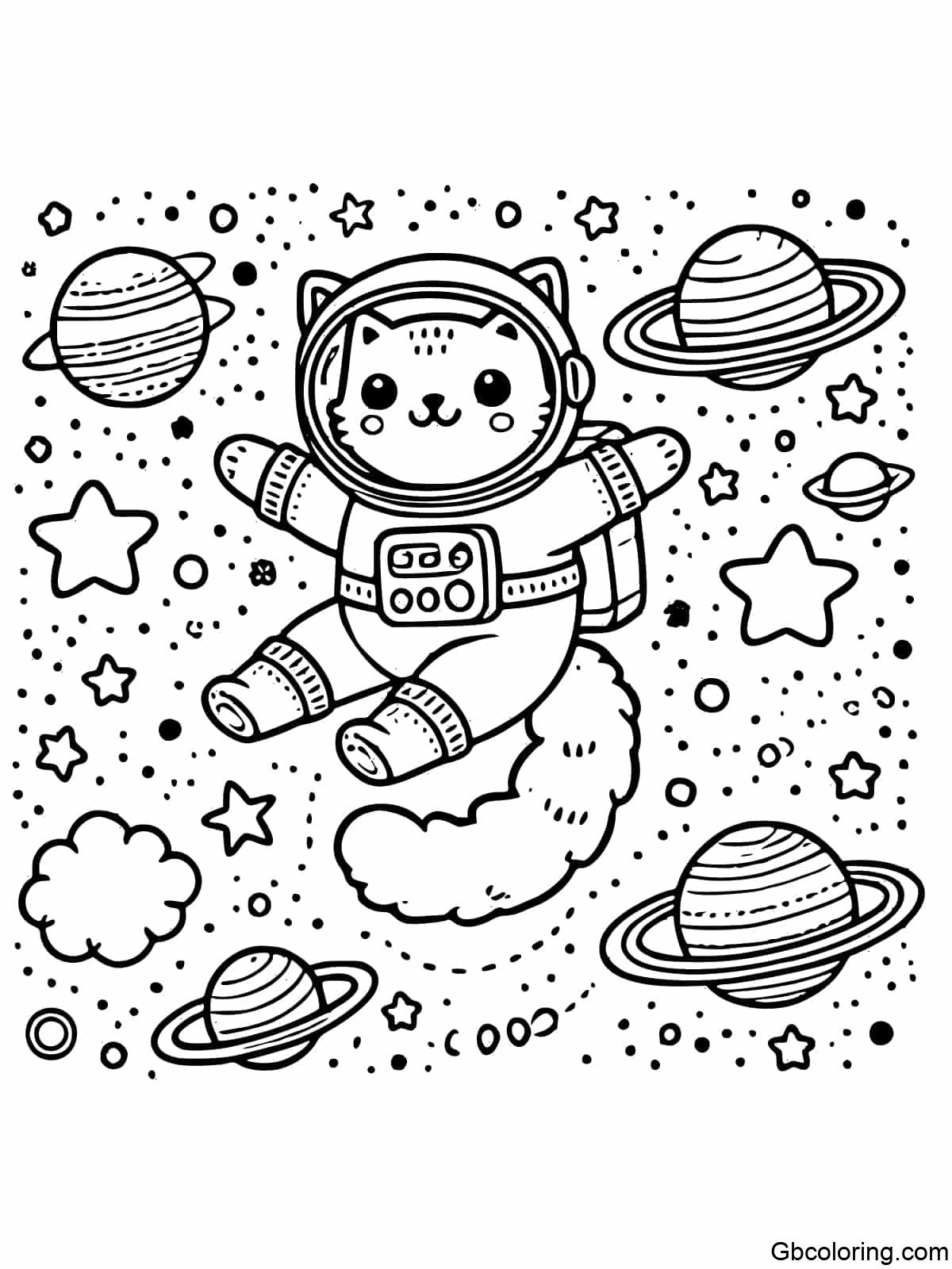 A cat wearing an astronaut suit, floating among stars and planets