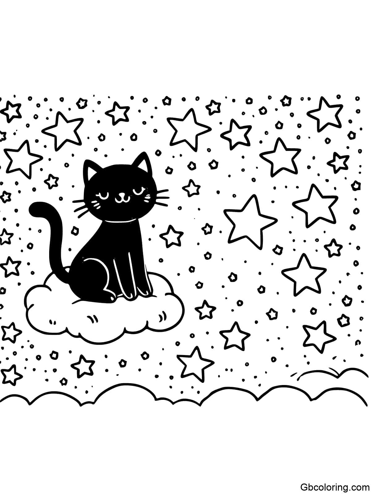 Black cat sitting on a cloud with stars twinkling in the background