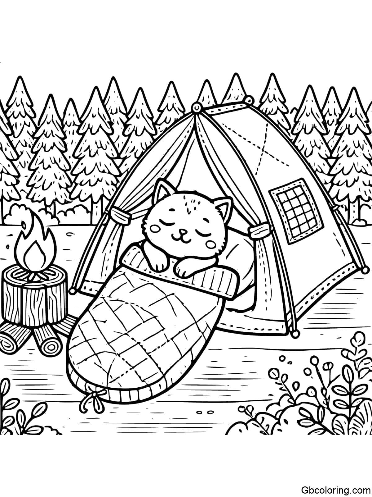 A simple coloring page of a cat sleeping in a cozy sleeping bag inside a tent with a campfire outside.