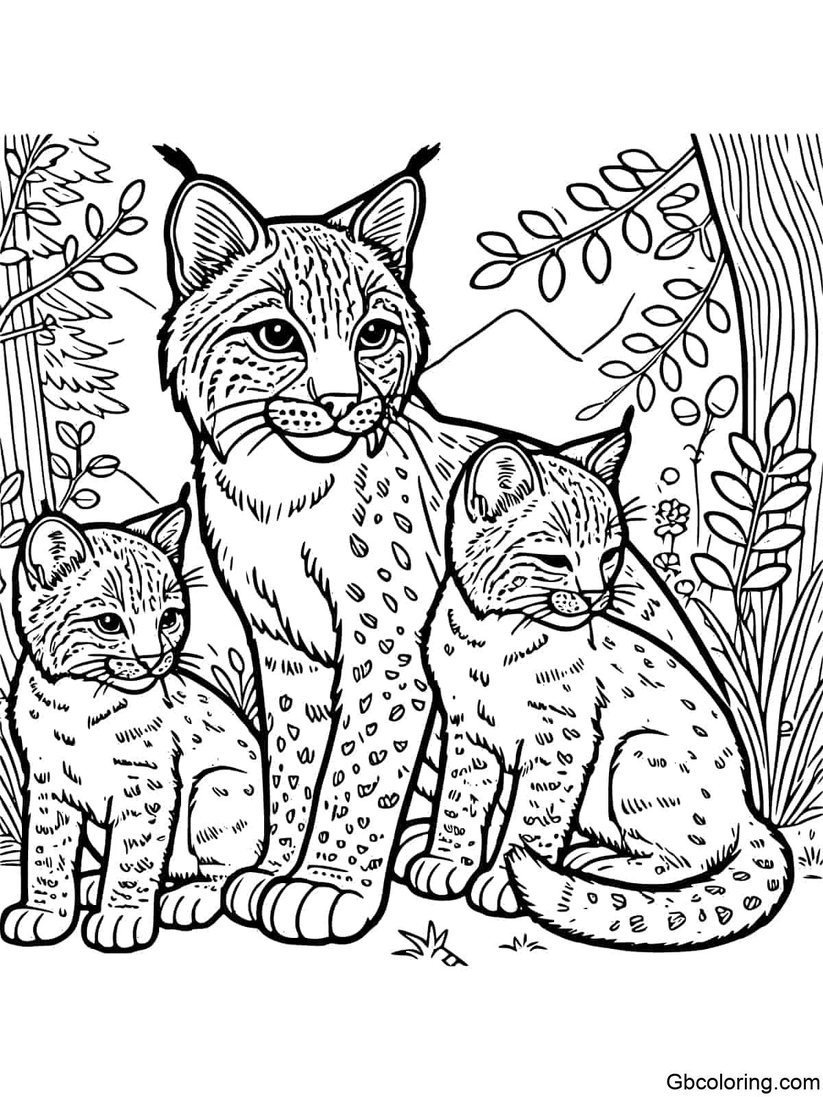 Coloring page of a bobcat family with a mother and her cubs in a natural setting