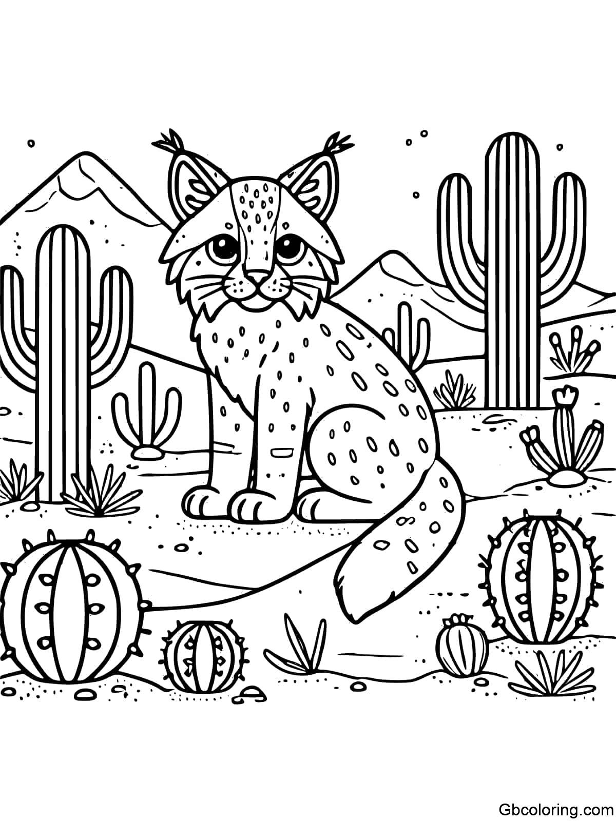 Coloring page of a bobcat in a desert landscape with cacti and sand dunes