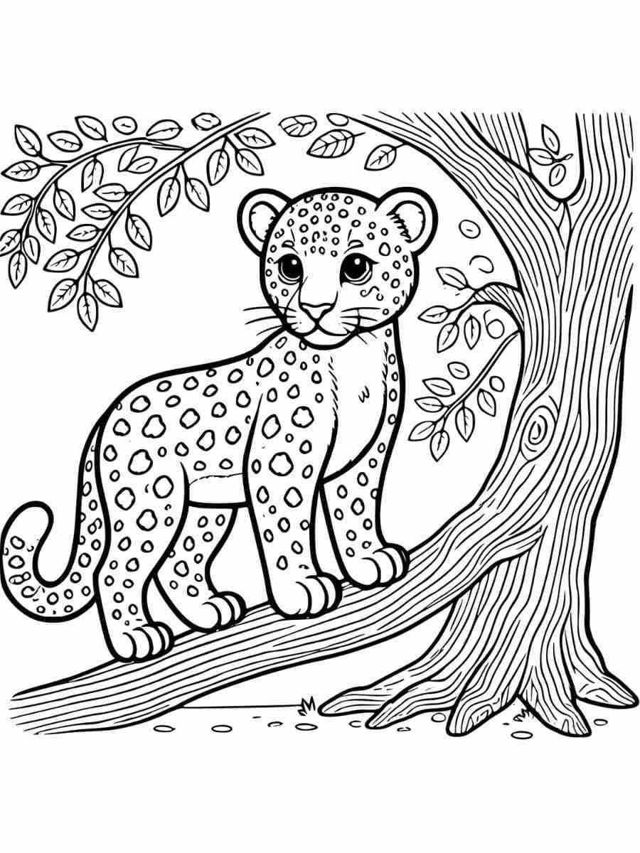 Leopard standing on a tree branch with leaves coloring page