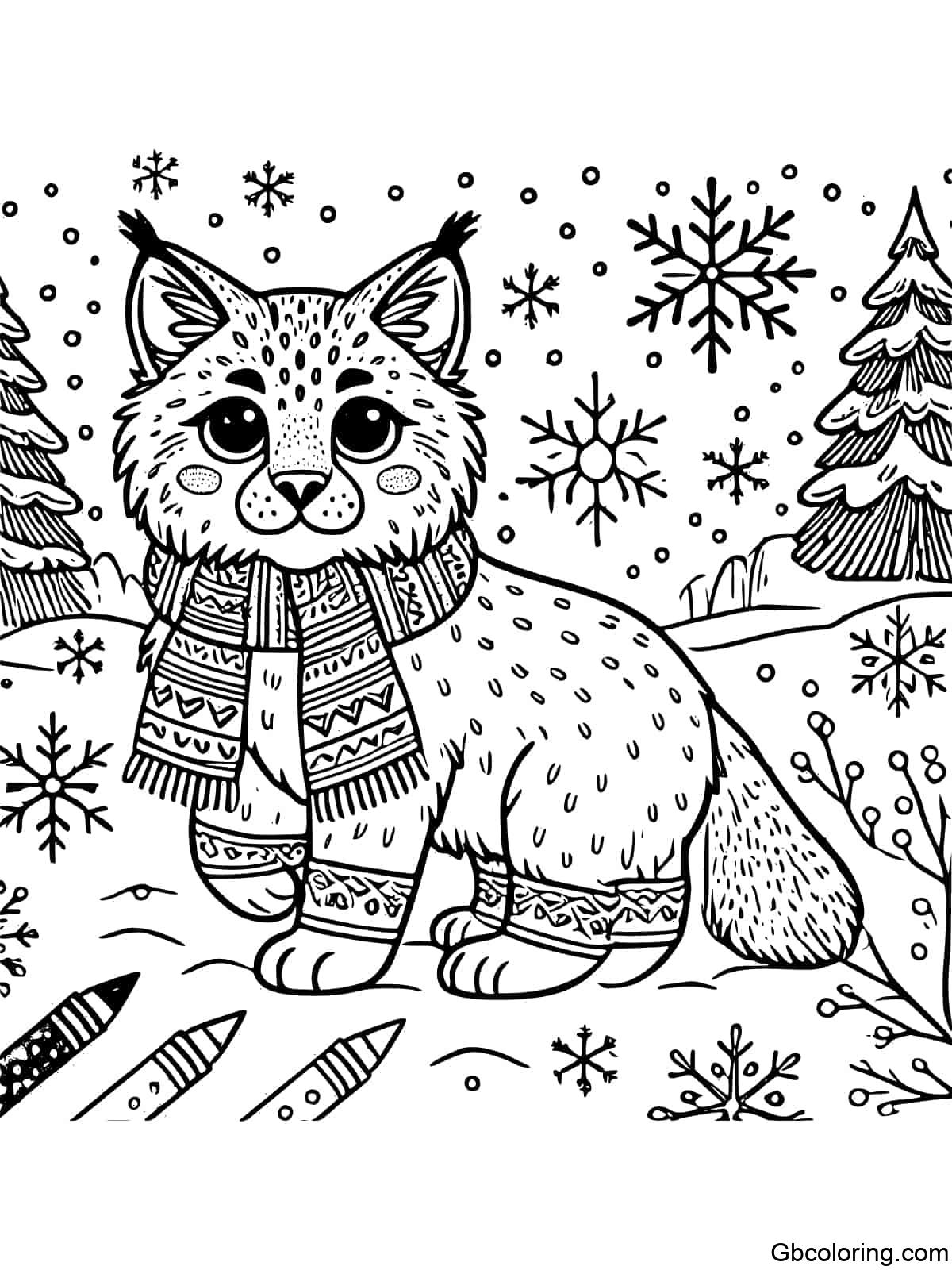 Coloring page of a bobcat in a snowy landscape with snowflakes and trees