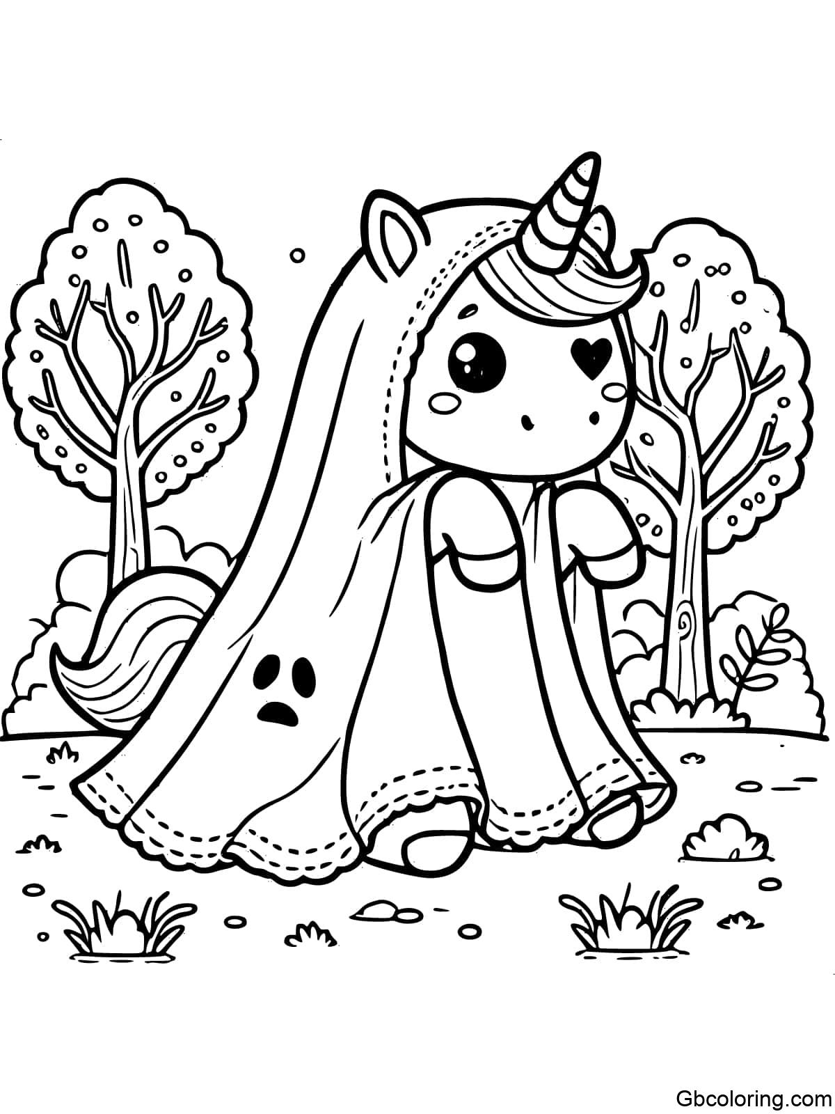 Coloring page of a unicorn dressed as a ghost with a sheet draped over it