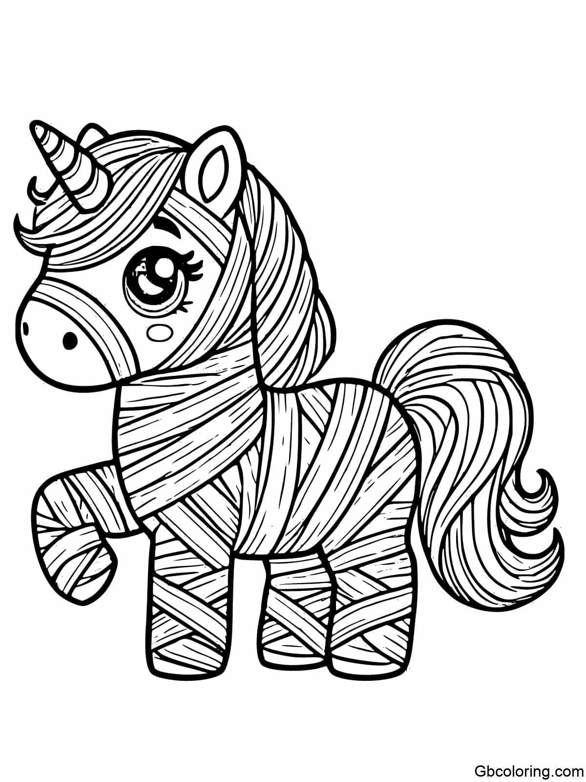 Coloring page of a unicorn wrapped in mummy bandages