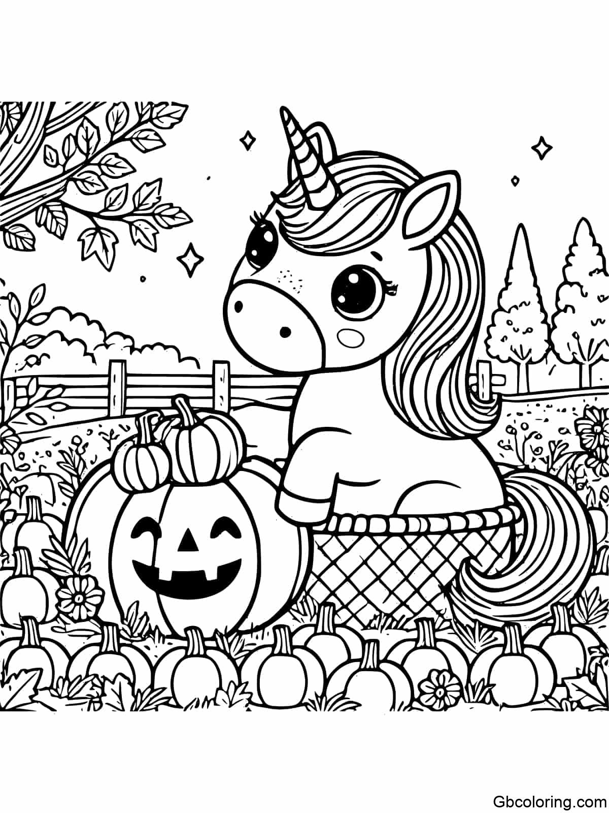 Coloring page of a unicorn standing in a pumpkin patch