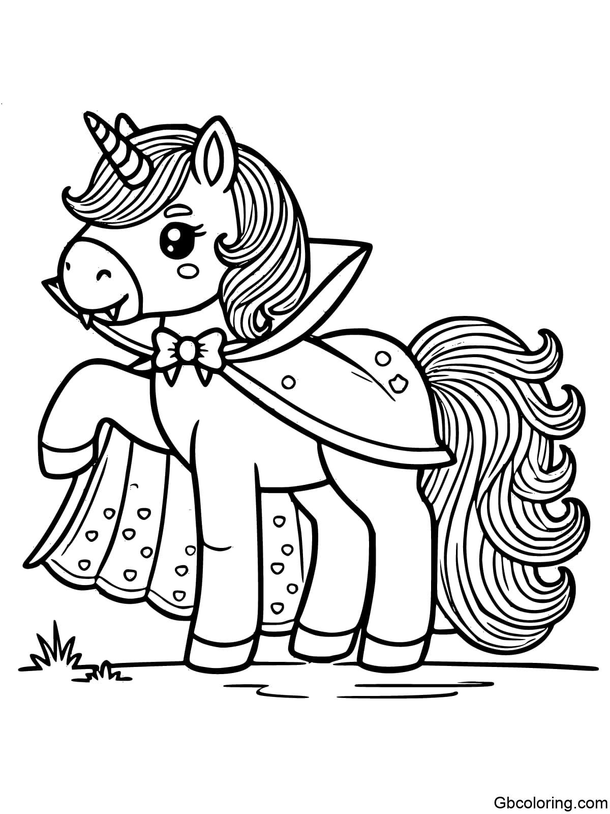 Coloring page of a unicorn dressed as a vampire with a cape and fangs