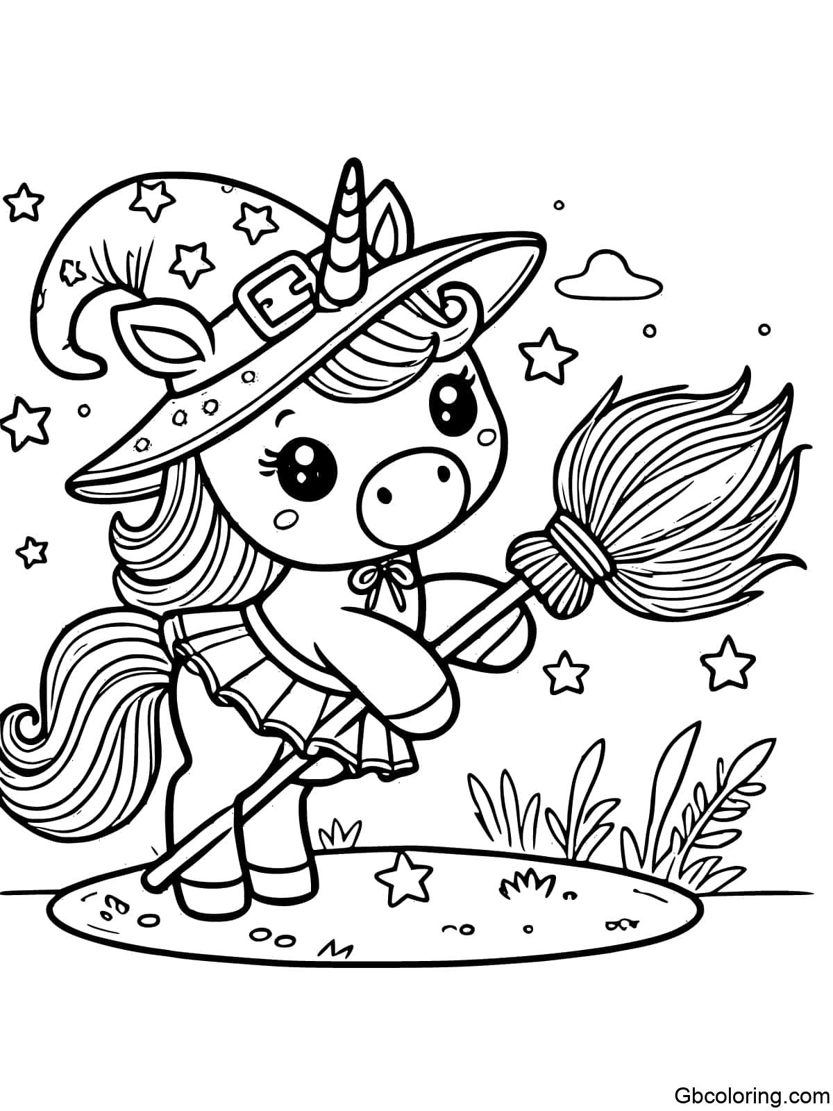 Coloring page of a unicorn dressed as a witch with a pointy hat and broomstick