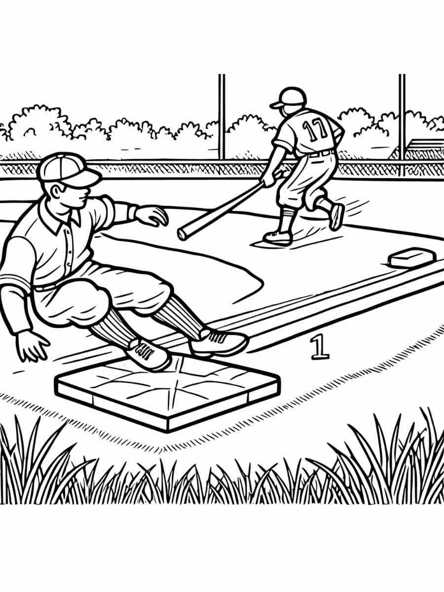 A baseball player sliding into a base coloring page