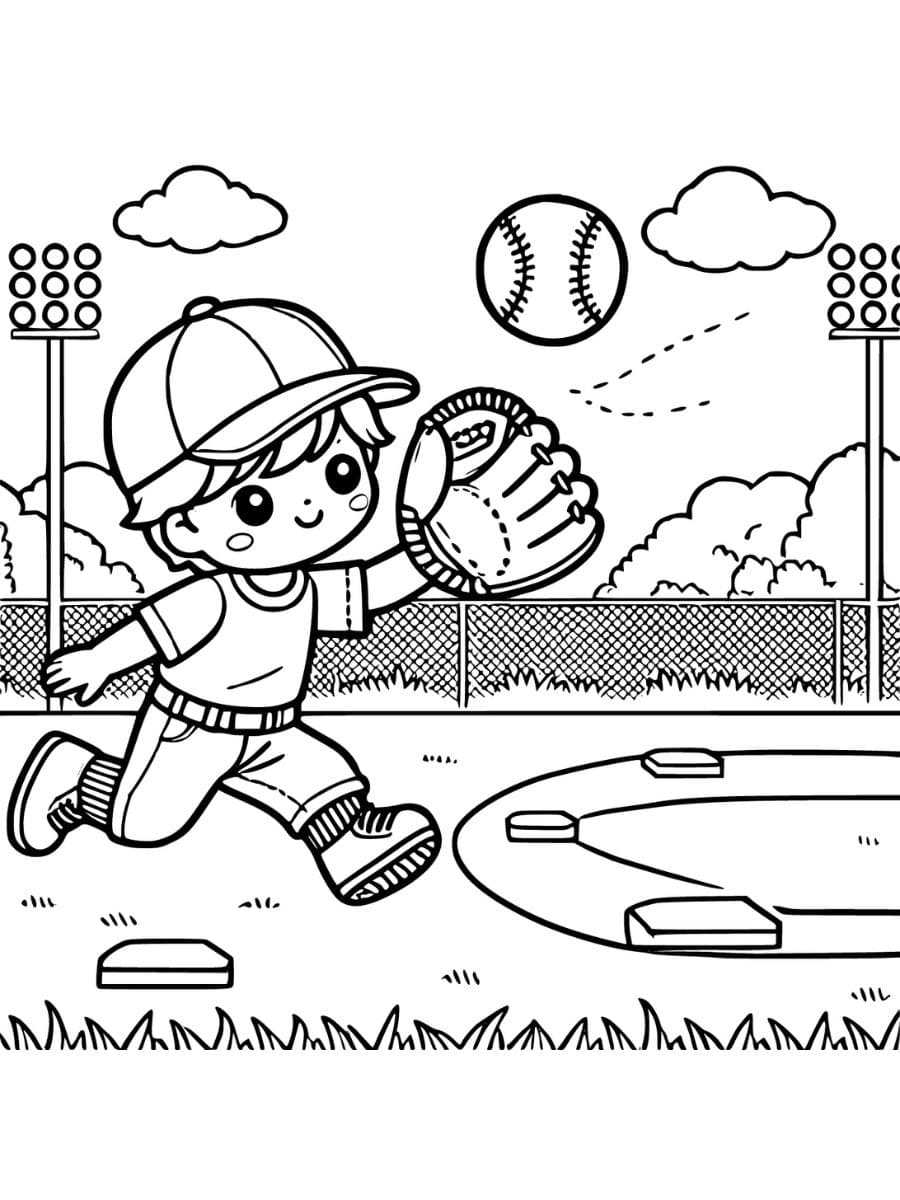 A child catching a baseball with a glove coloring page