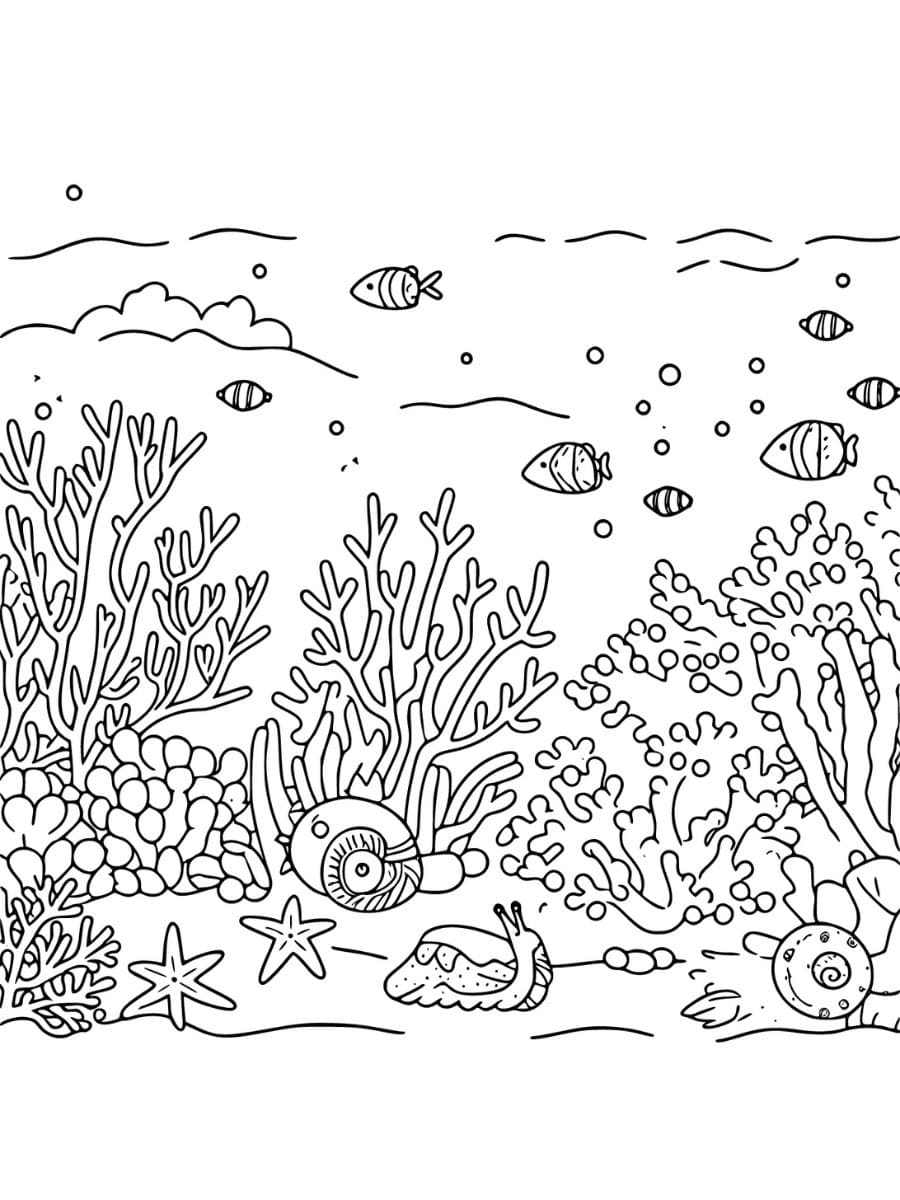 A coral reef scene with multiple types of corals coloring page