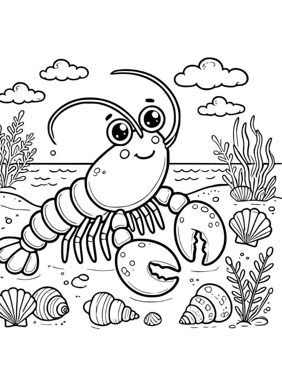 Lobster on a beach with seashells and a simple sky coloring page