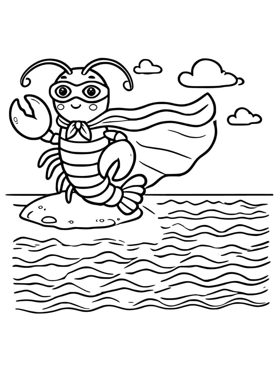 Lobster wearing a superhero cape and mask on a rock coloring page