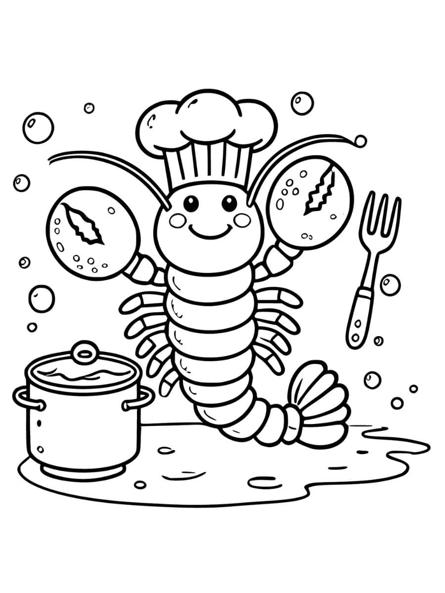 Lobster with a chef's hat holding a fork coloring page