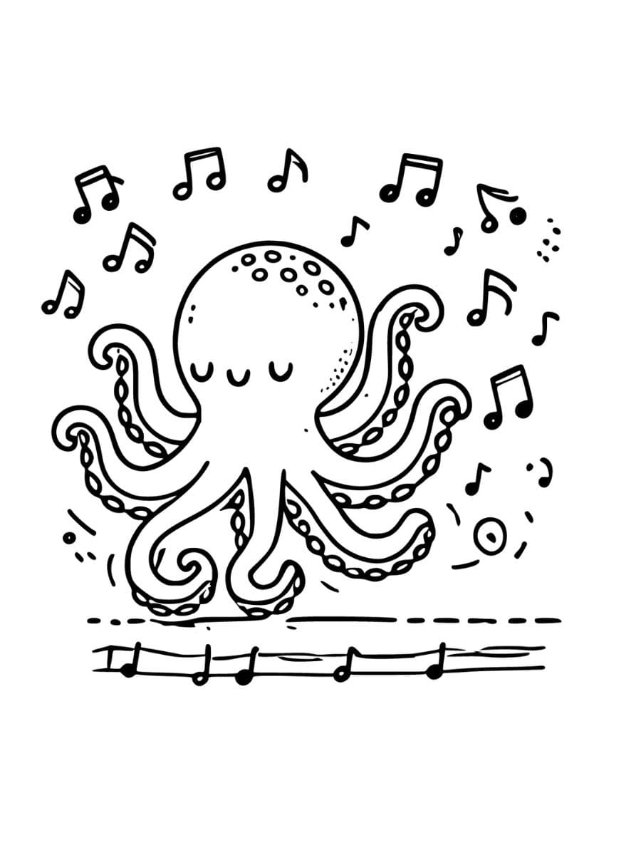 Octopus dancing with musical notes coloring page