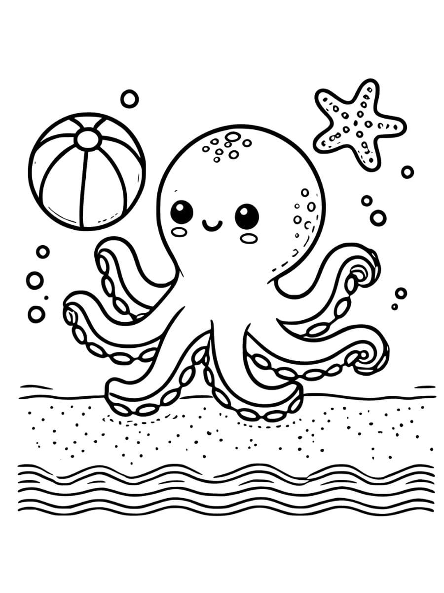 Octopus playing with a beach ball coloring page