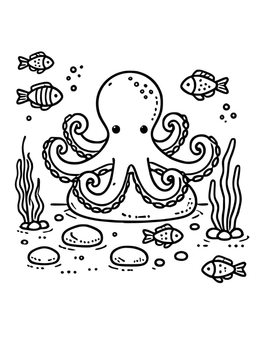 Octopus sitting on a rock with small fish coloring page