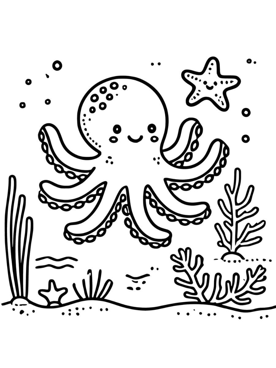 Octopus waving with a starfish and coral coloring page