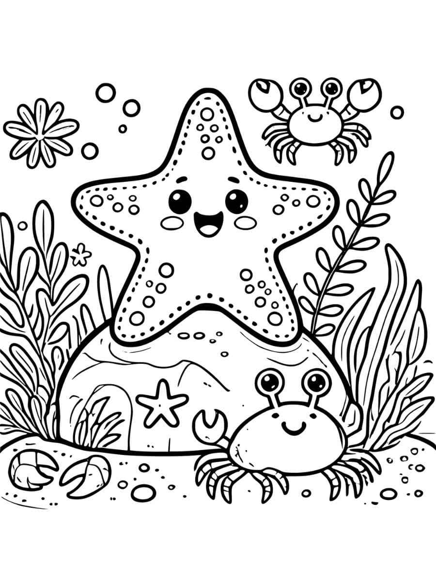 Starfish sitting on rock with crab and sea plants coloring page