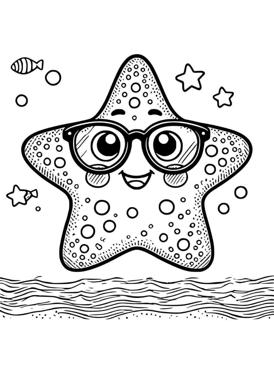 Starfish wearing glasses with ocean waves coloring page