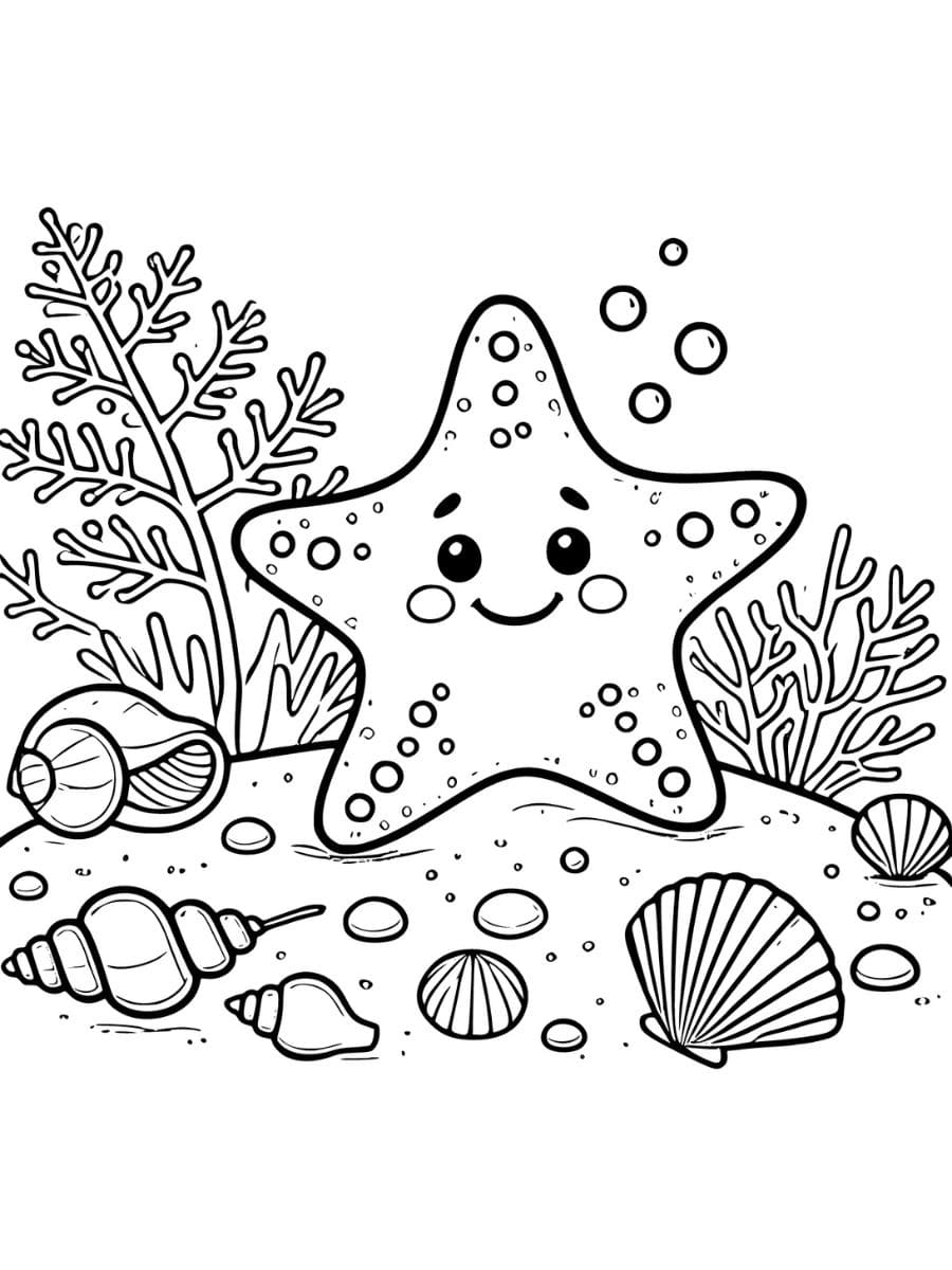 Starfish with happy face on seabed with seashells coloring page