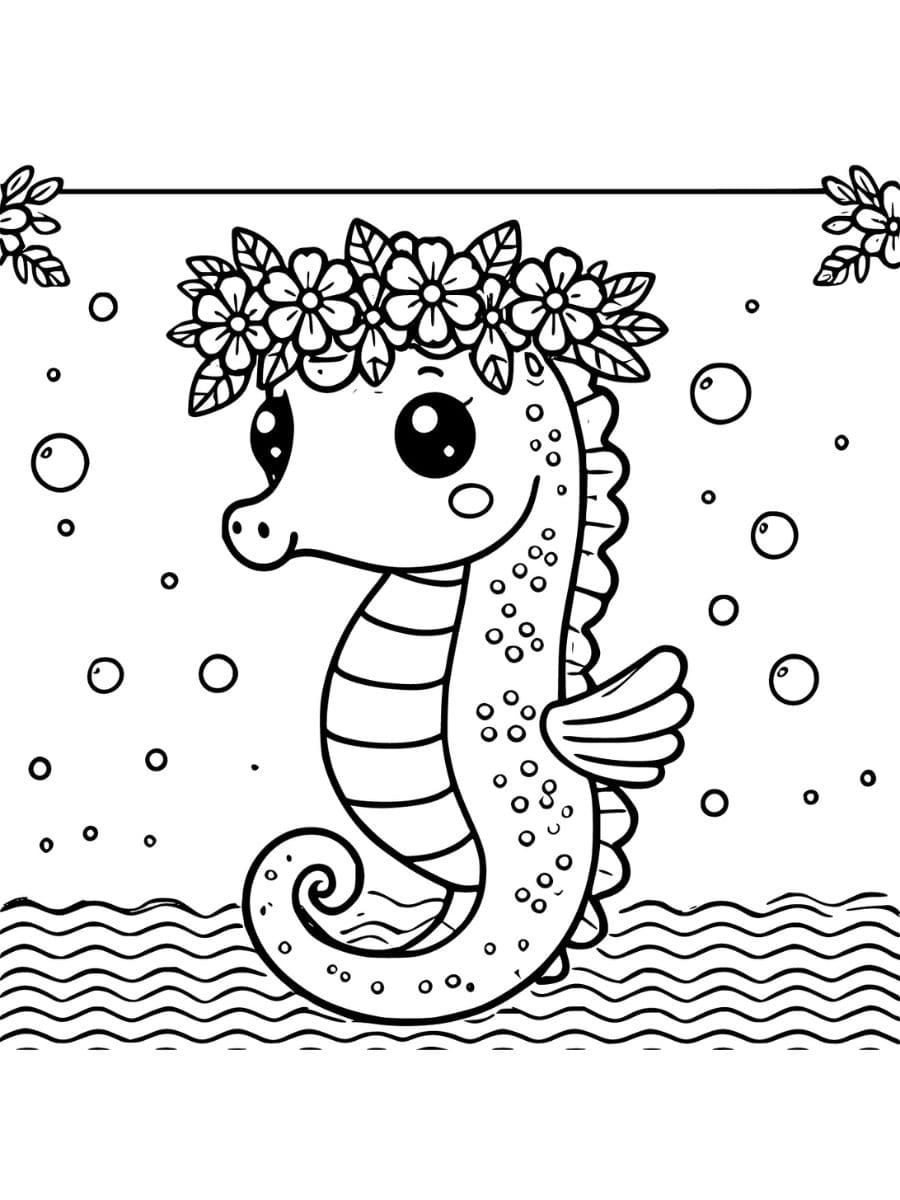 A seahorse with a flower crown coloring pages