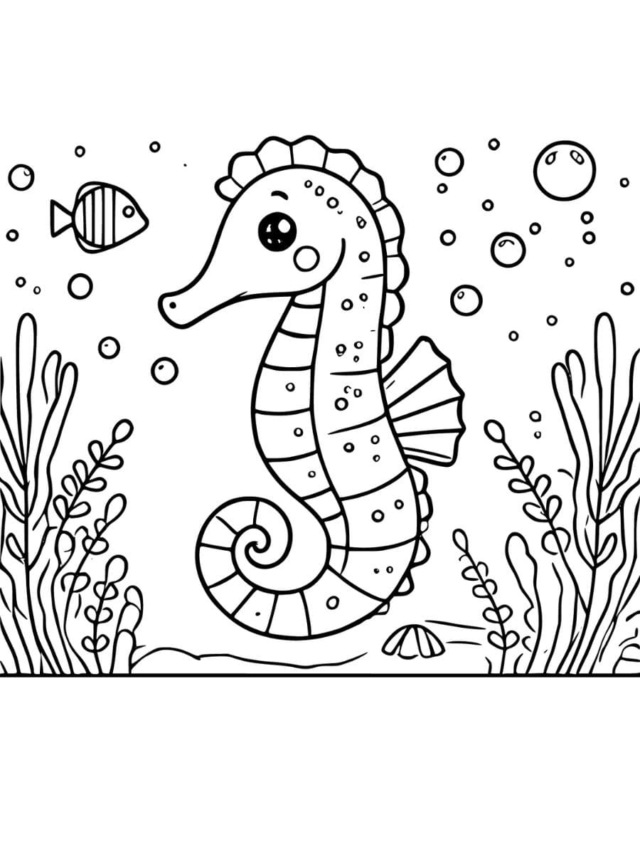 A seahorse with aquatic plants and bubbles coloring pages