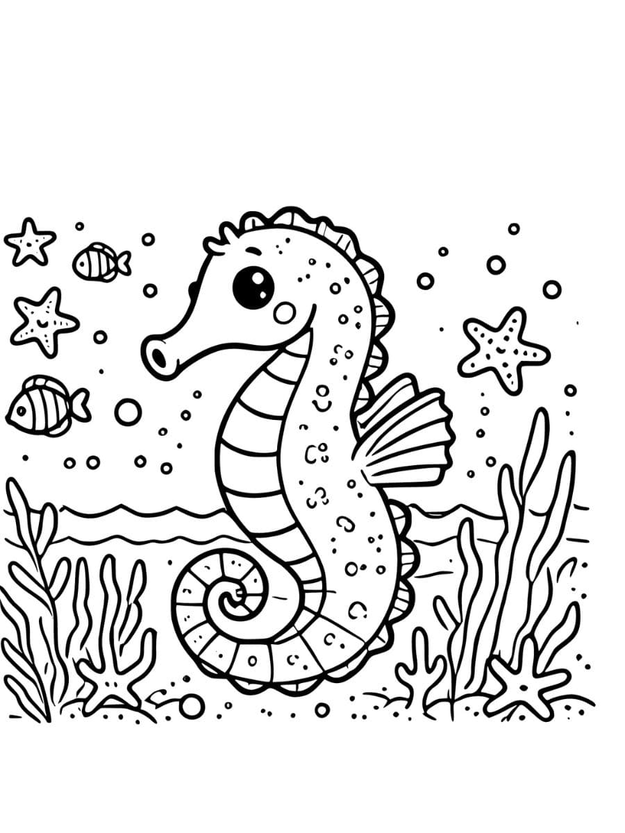 A seahorse with starfish and seaweed coloring pages