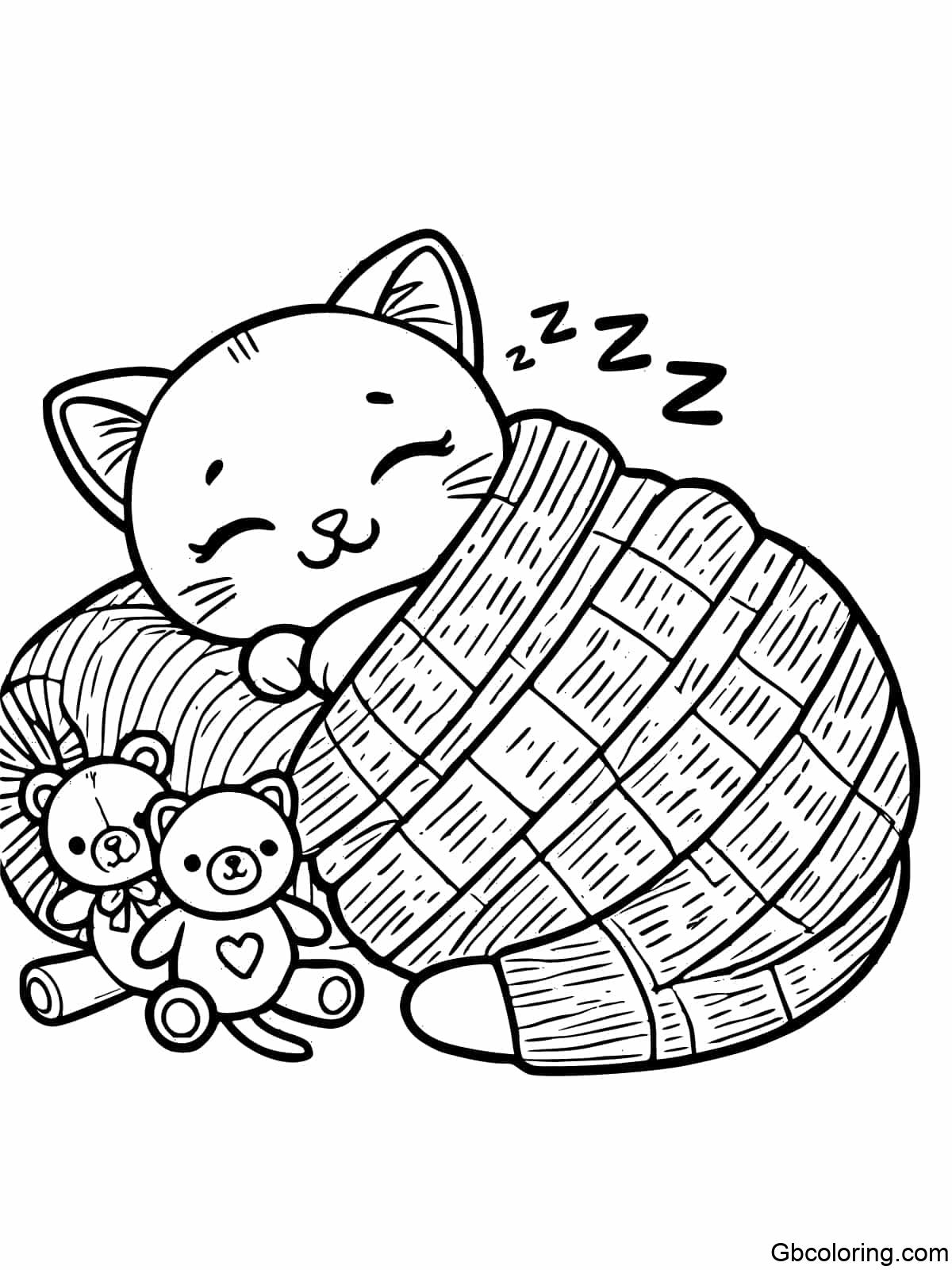 A simple coloring page of a cat sleeping peacefully wrapped in a cozy blanket with stuffed animals