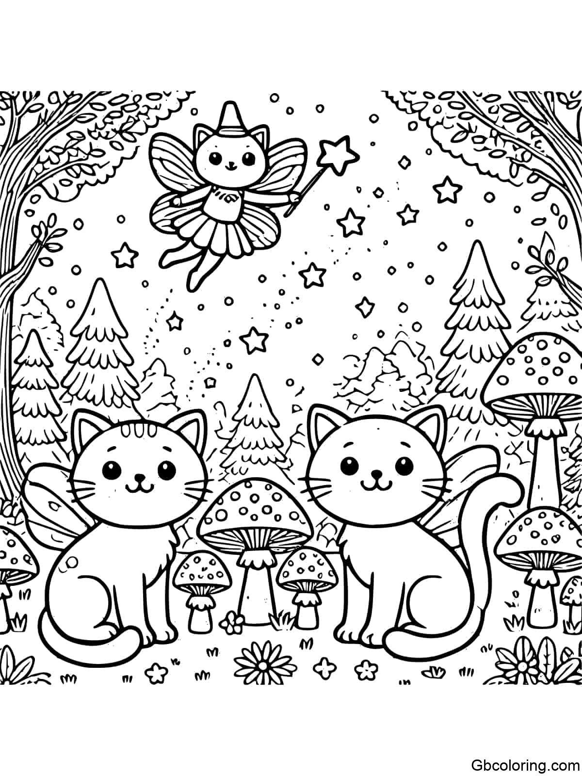 Cute cats in a magical forest with a fairy flying above, sprinkling fairy dust, surrounded by trees and mushrooms