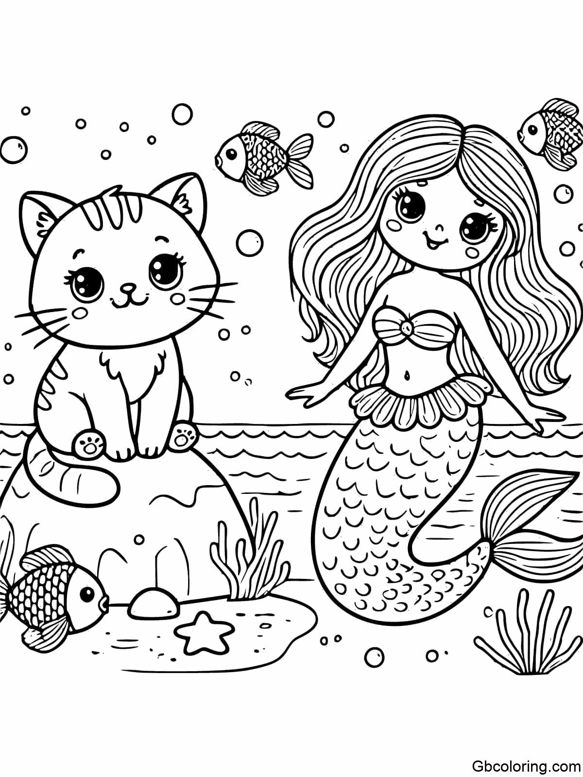 Cute cat sitting on a rock next to a smiling mermaid with waves and fish in the background