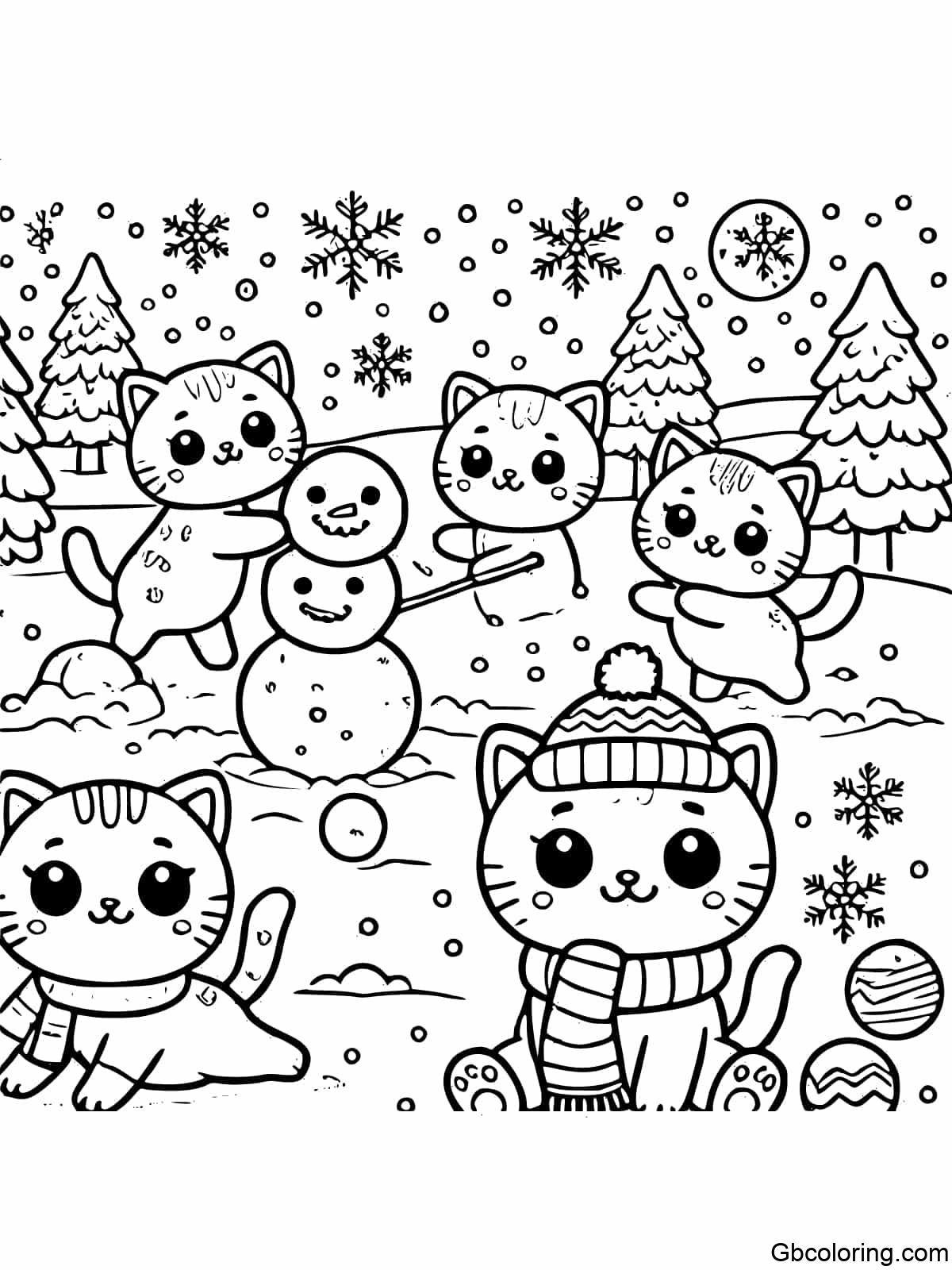 Cute cats playing in the snow, building a snowman and having a snowball fight, with snowflakes and trees in the background