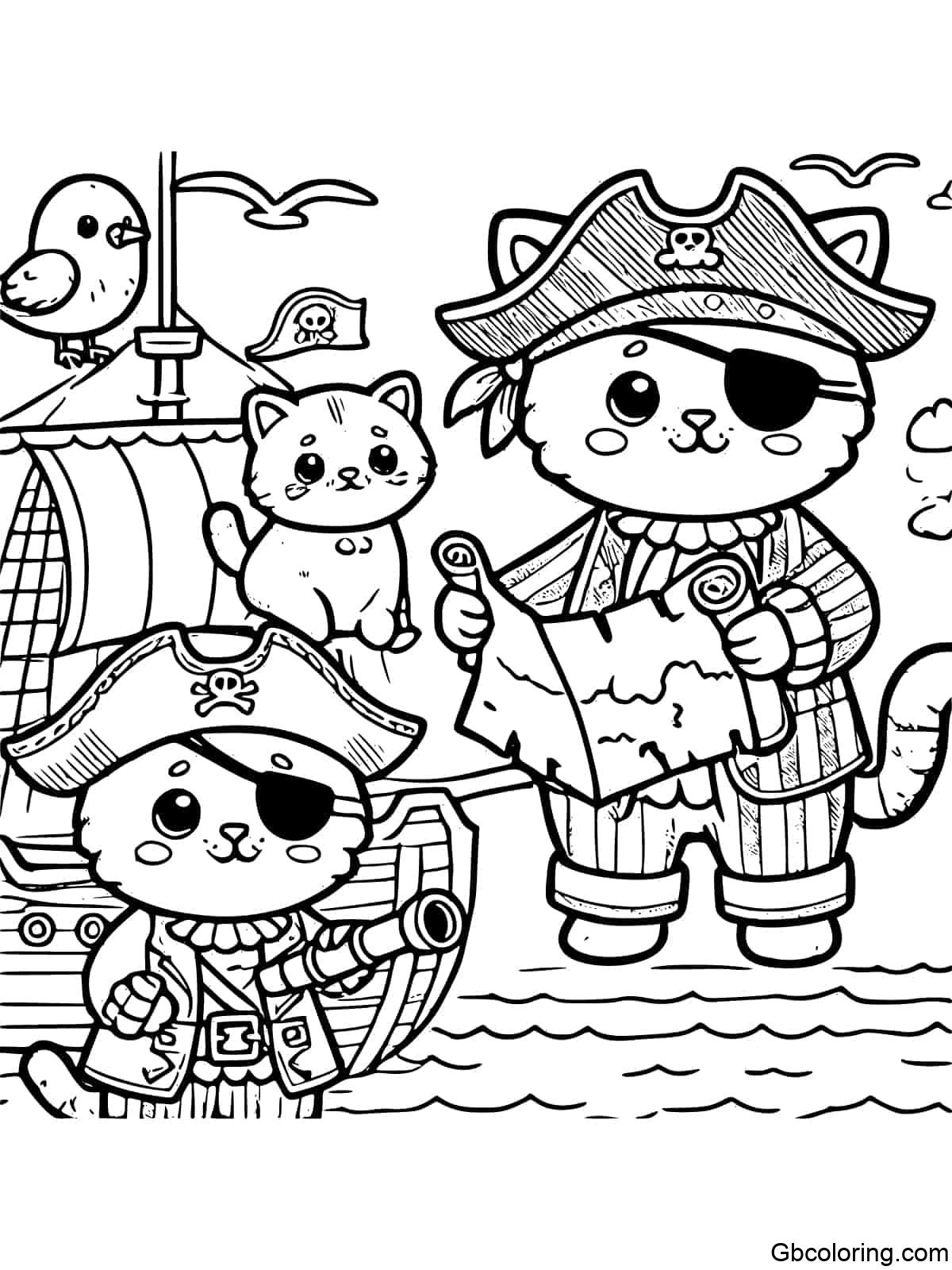 Cute cats dressed as pirates, with one holding a treasure map and another looking through a telescope on the ship's deck