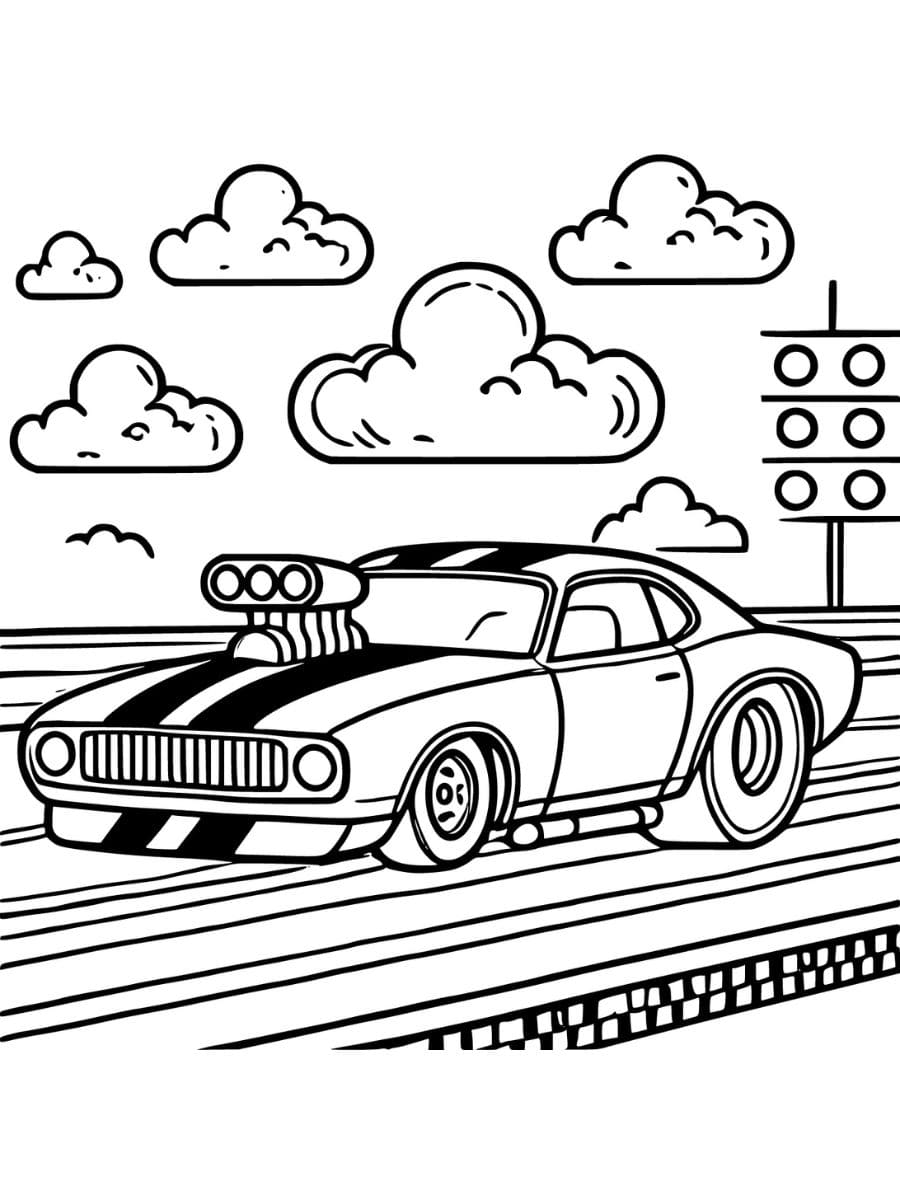 Coloring page of drag racing car on straight track