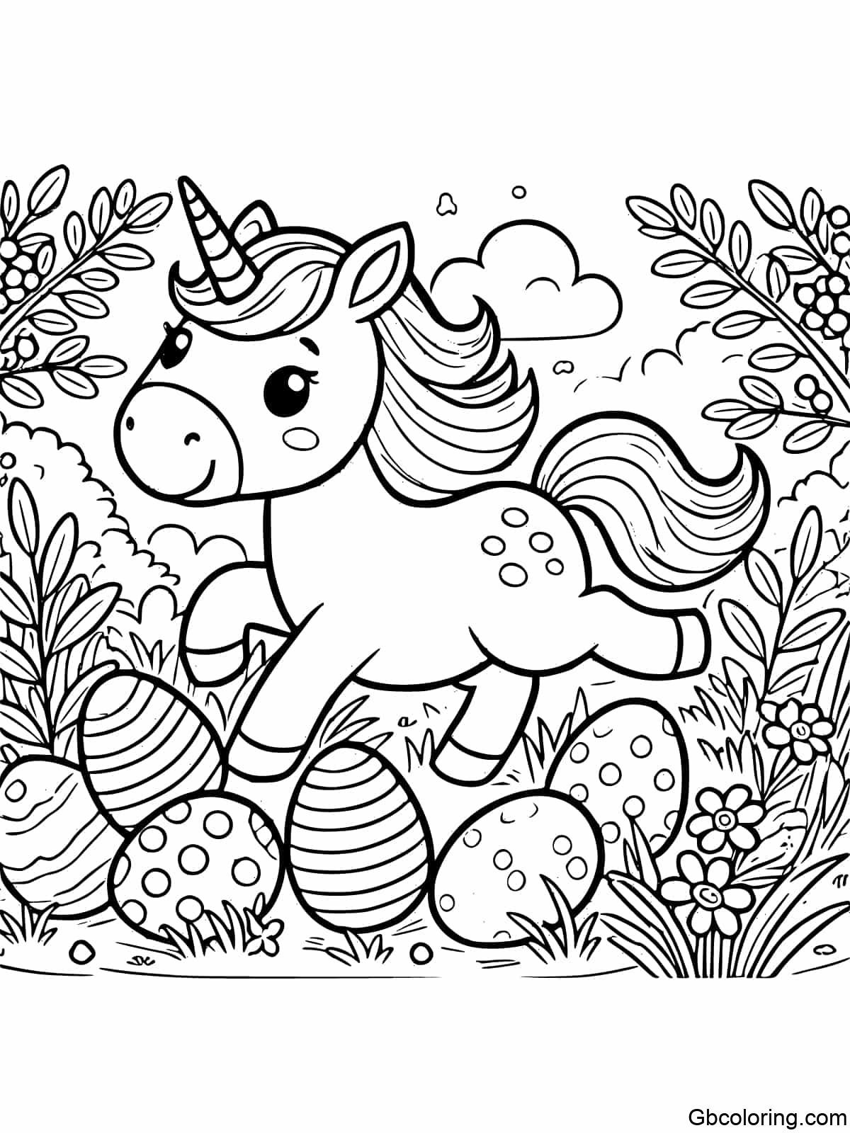 A unicorn participating in an Easter egg hunt with eggs hidden in the grass