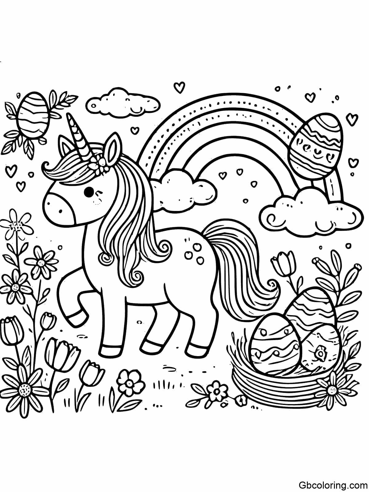 A unicorn standing under a rainbow with Easter eggs and flowers around it